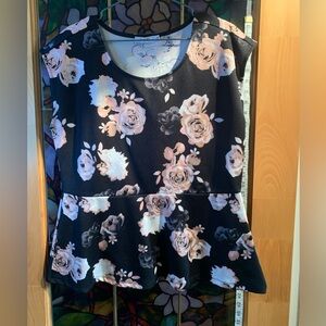 Women’s large peplum black and pink rose top